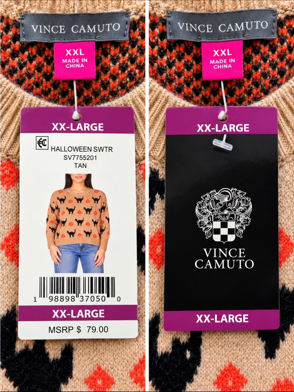 VINCE CAMUTO Women’s Halloween Sweater Tan w/Black Cats & Pumpkins Drop Sleeve - Picture 5 of 6